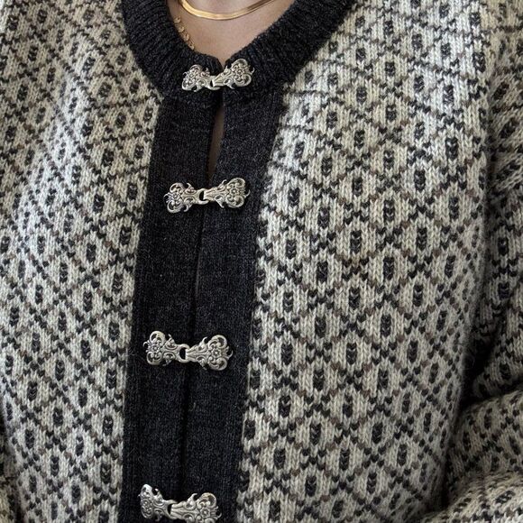 Vintage LL Bean Womens Gray Birdseye Wool Norwegian Nordic Fisherman Cardigan M - Picture 4 of 7